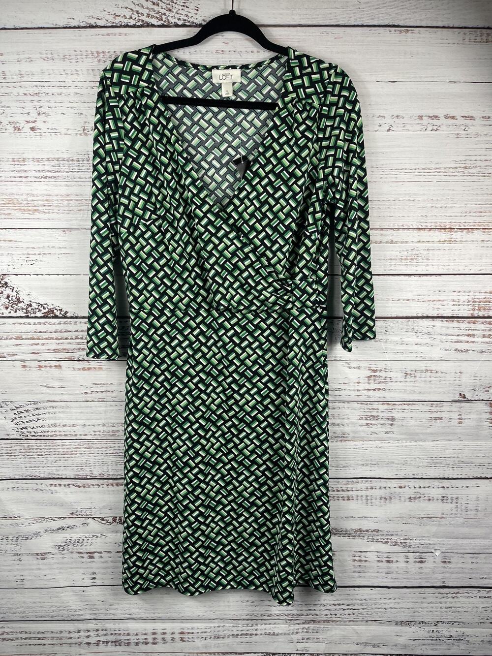 Ann Taylor LOFT Dress Women's 12 Green Geometric Wrap Faux Surplice 3/4 Sleeve